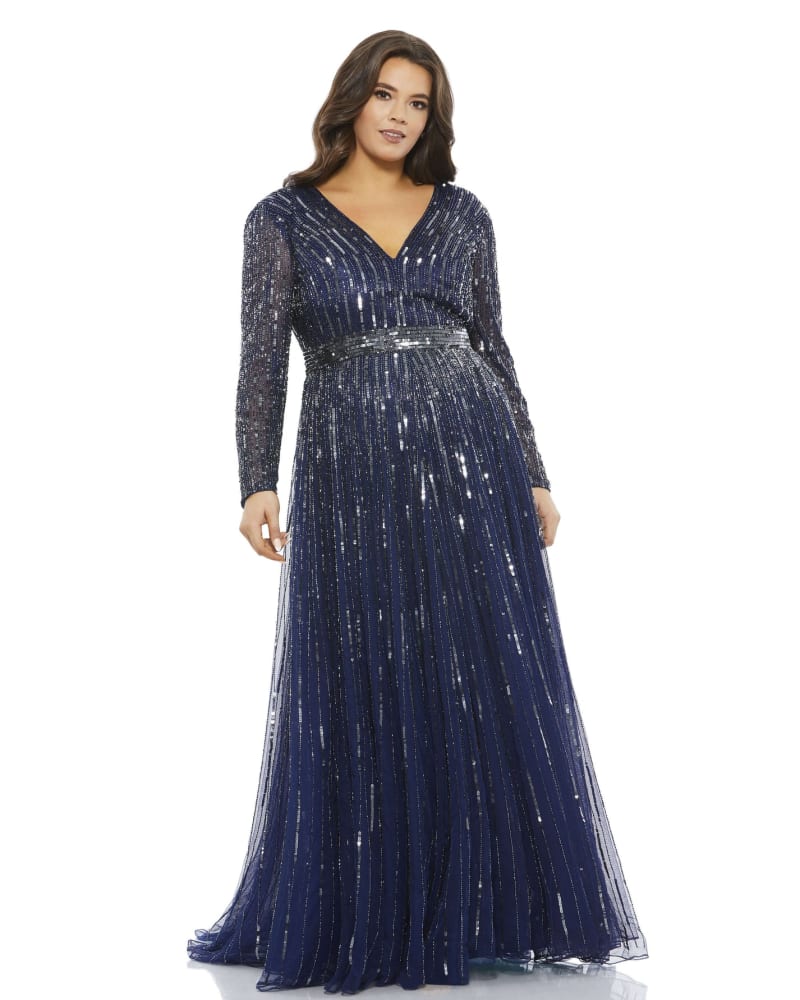 Front of a model wearing a size 14W Embellished Illusion Long Sleeve V Neck A Line Gown in MIDNIGHT by Mac Duggal. | dia_product_style_image_id:289969